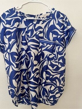 LOFT Blue & White Abstract Print Short-Sleeve Blouse